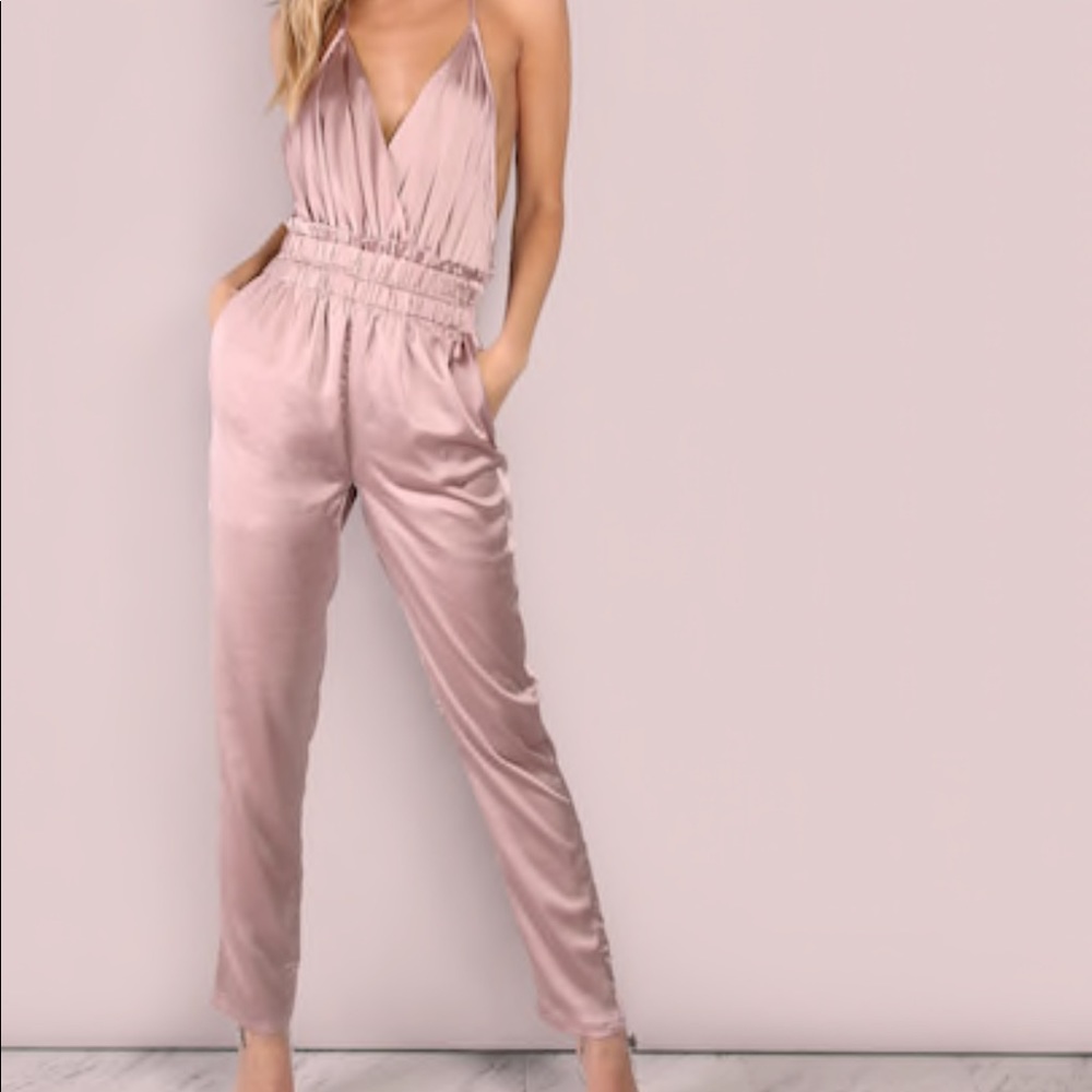 Dusty Pink V Low Cross Backless Jumpsuit / Romper